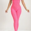 Best Dear-Lover Solid Criss Cross Backless Active Jumpsuit Bonbon