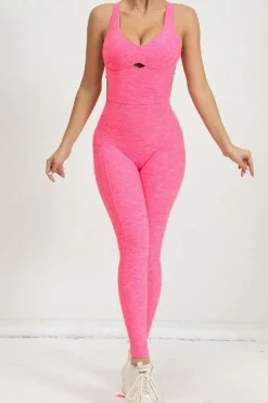 Best Dear-Lover Solid Criss Cross Backless Active Jumpsuit Bonbon