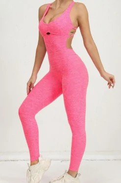 Best Dear-Lover Solid Criss Cross Backless Active Jumpsuit Bonbon