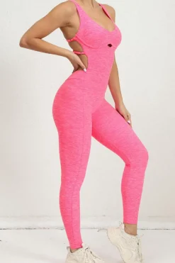 Best Dear-Lover Solid Criss Cross Backless Active Jumpsuit Bonbon