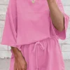 Clearance Dear-Lover Solid Loose V Neck Half Sleeve Tee and Shorts Bonbon