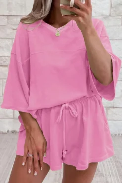 Clearance Dear-Lover Solid Loose V Neck Half Sleeve Tee and Shorts Bonbon