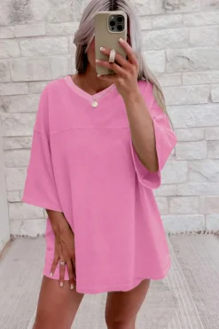 Clearance Dear-Lover Solid Loose V Neck Half Sleeve Tee and Shorts Bonbon