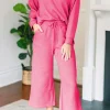 Online Dear-Lover Solid Textured Collared V Neck Top and Wide Leg Pants Set Bonbon