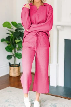 Online Dear-Lover Solid Textured Collared V Neck Top and Wide Leg Pants Set Bonbon