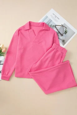 Online Dear-Lover Solid Textured Collared V Neck Top and Wide Leg Pants Set Bonbon