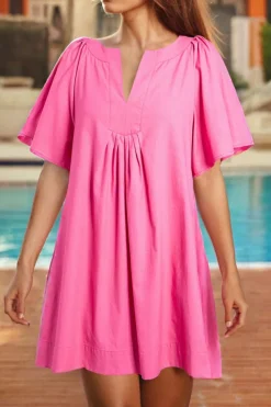 New Dear-Lover Split V Neck Short Flutter Sleeve Pleated Shift Dress Bonbon