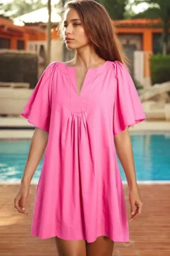 New Dear-Lover Split V Neck Short Flutter Sleeve Pleated Shift Dress Bonbon