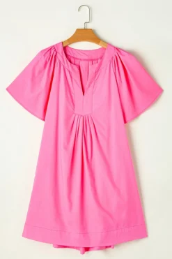 New Dear-Lover Split V Neck Short Flutter Sleeve Pleated Shift Dress Bonbon