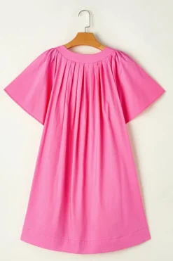 New Dear-Lover Split V Neck Short Flutter Sleeve Pleated Shift Dress Bonbon
