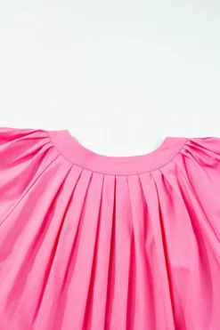 New Dear-Lover Split V Neck Short Flutter Sleeve Pleated Shift Dress Bonbon