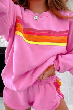 Hot Dear-Lover Striped Accent Pullover and Shorts Two Piece Casual Set Bonbon