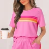 Online Dear-Lover Striped Patch Front Casual Tee Bonbon
