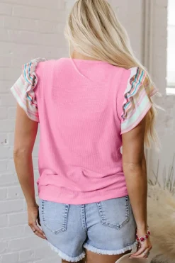 Online Dear-Lover Striped Ruffle Flutter Sleeve Ribbed Blouse Bonbon