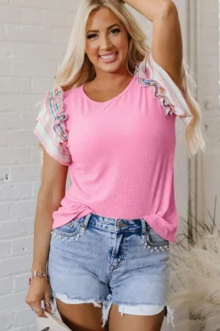 Online Dear-Lover Striped Ruffle Flutter Sleeve Ribbed Blouse Bonbon