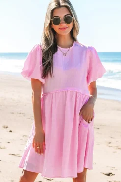 Clearance Dear-Lover Textured Bubble Sleeve High Waist Mini Dress Bonbon