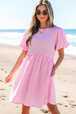 Clearance Dear-Lover Textured Bubble Sleeve High Waist Mini Dress Bonbon