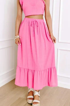 New Dear-Lover Textured Ruffle Trim Crop Vest Lace-up Long Skirt Set Bonbon