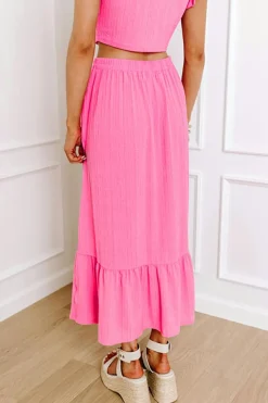New Dear-Lover Textured Ruffle Trim Crop Vest Lace-up Long Skirt Set Bonbon