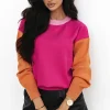 Discount Dear-Lover Three Tone Contrast Round Neck Loose Sweater Bonbon