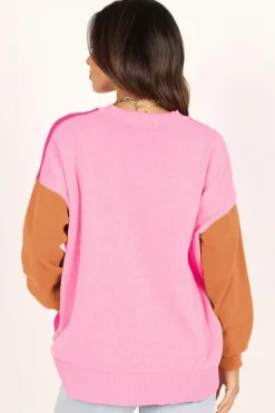 Discount Dear-Lover Three Tone Contrast Round Neck Loose Sweater Bonbon