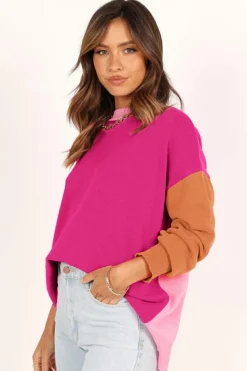 Discount Dear-Lover Three Tone Contrast Round Neck Loose Sweater Bonbon