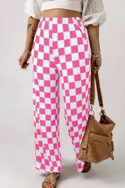 Fashion Dear-Lover 2-Tone Checked Print High Waist Wide Leg Pants Bonbon