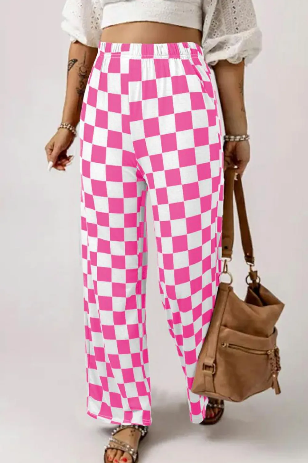 Fashion Dear-Lover 2-Tone Checked Print High Waist Wide Leg Pants Bonbon
