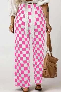 Fashion Dear-Lover 2-Tone Checked Print High Waist Wide Leg Pants Bonbon