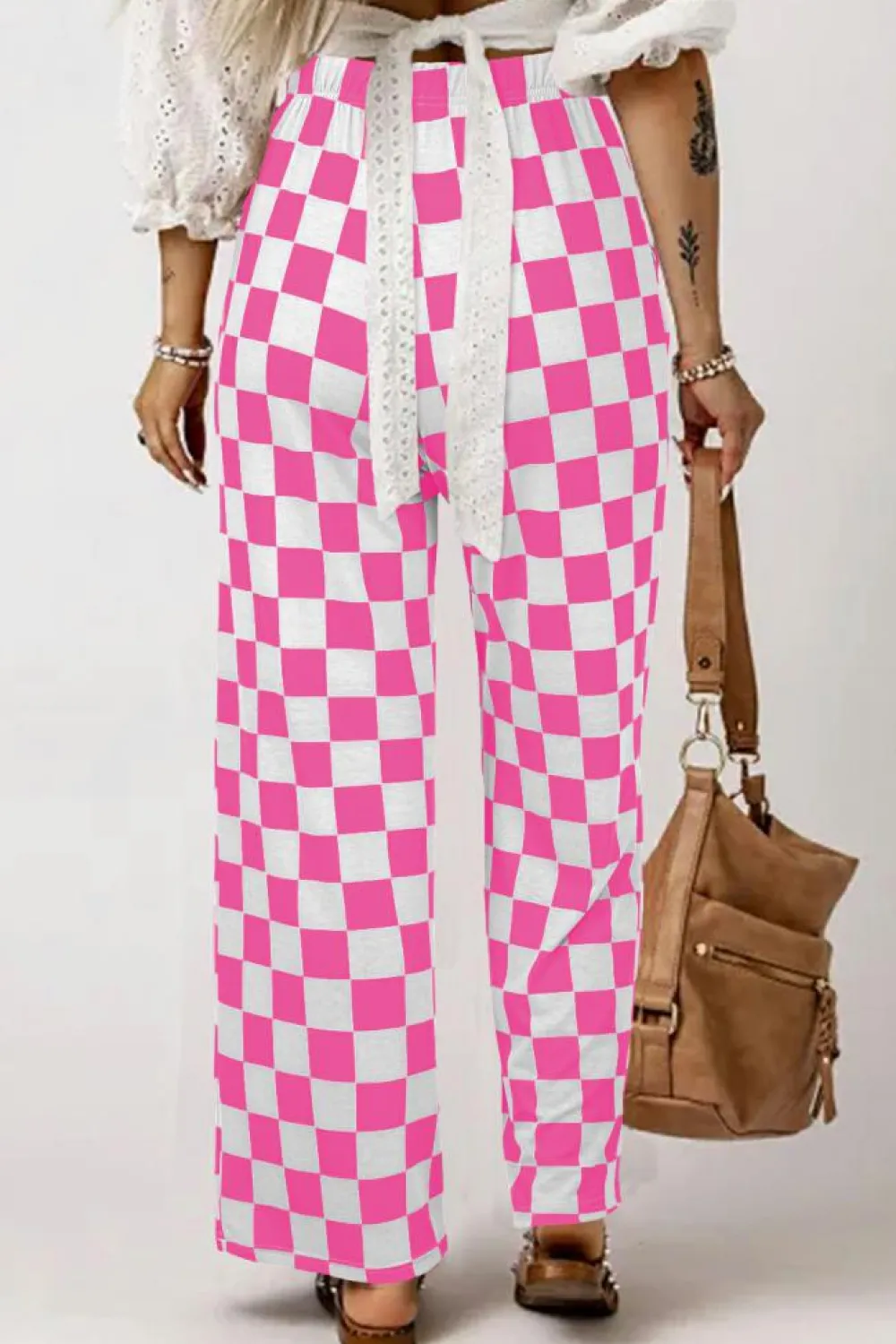 Fashion Dear-Lover 2-Tone Checked Print High Waist Wide Leg Pants Bonbon