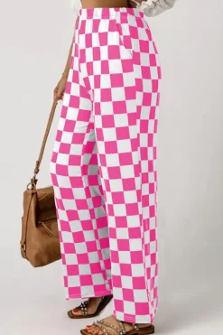 Fashion Dear-Lover 2-Tone Checked Print High Waist Wide Leg Pants Bonbon