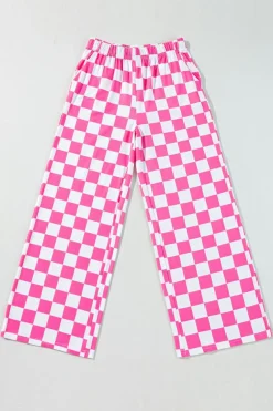 Fashion Dear-Lover 2-Tone Checked Print High Waist Wide Leg Pants Bonbon