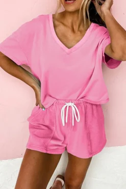 Clearance Dear-Lover V Neck Drop Shoulder Tee and Patchwork Drawstring Shorts Set Bonbon