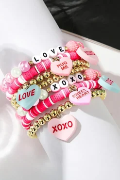 Fashion Dear-Lover Valentine Heart Pendant Beaded Elastic Bracelet Set Bonbon
