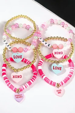 Fashion Dear-Lover Valentine Heart Pendant Beaded Elastic Bracelet Set Bonbon