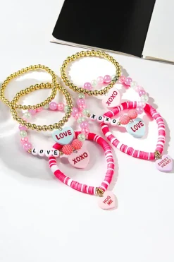 Fashion Dear-Lover Valentine Heart Pendant Beaded Elastic Bracelet Set Bonbon