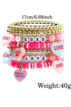 Fashion Dear-Lover Valentine Heart Pendant Beaded Elastic Bracelet Set Bonbon