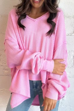 Fashion Dear-Lover Waffle Knit Exposed Seam High Low Top Bonbon