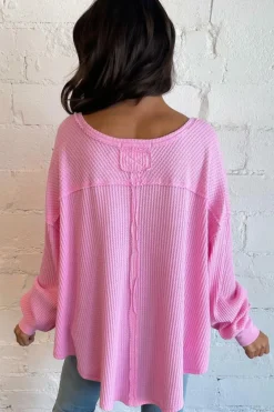 Fashion Dear-Lover Waffle Knit Exposed Seam High Low Top Bonbon
