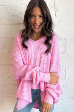 Fashion Dear-Lover Waffle Knit Exposed Seam High Low Top Bonbon