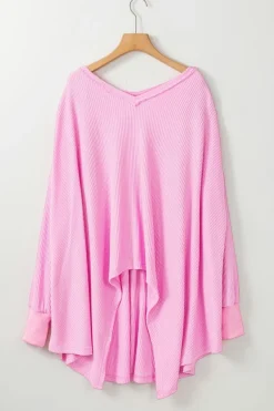 Fashion Dear-Lover Waffle Knit Exposed Seam High Low Top Bonbon