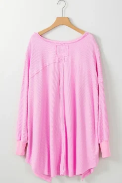 Fashion Dear-Lover Waffle Knit Exposed Seam High Low Top Bonbon