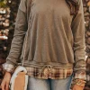 Fashion Dear-Lover Plaid Patchwork Knotted Hem High Neck Blouse Breen