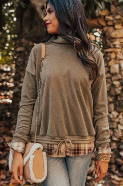 Fashion Dear-Lover Plaid Patchwork Knotted Hem High Neck Blouse Breen