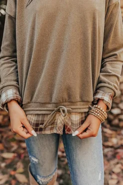 Fashion Dear-Lover Plaid Patchwork Knotted Hem High Neck Blouse Breen