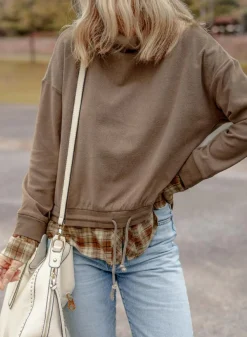 Fashion Dear-Lover Plaid Patchwork Knotted Hem High Neck Blouse Breen