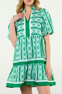 Fashion Dear-Lover Abstract Patterned V Neck Puff Short Sleeve Mini Dress Bright Green
