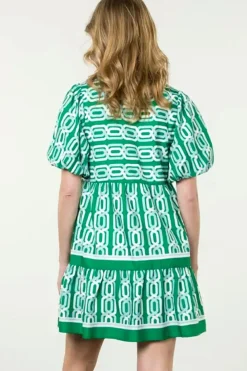 Fashion Dear-Lover Abstract Patterned V Neck Puff Short Sleeve Mini Dress Bright Green