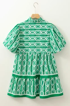 Fashion Dear-Lover Abstract Patterned V Neck Puff Short Sleeve Mini Dress Bright Green
