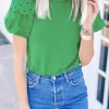 Discount Dear-Lover Anglaise Embroidered Puff Short Sleeve Top Bright Green